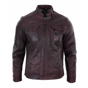 Real Leather Short Zipped Casual Wine Burgundy Retro Mens Biker Jacket Washed Vintage