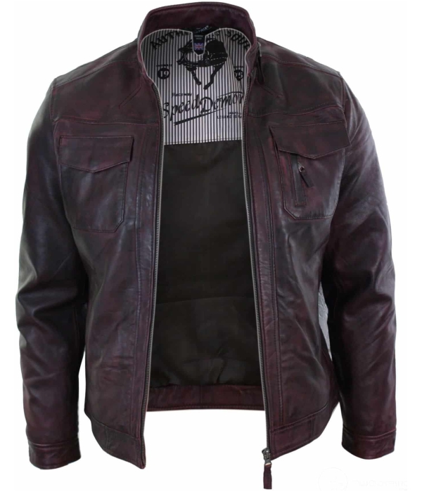 Real Leather Short Zipped Casual Wine Burgundy Retro Mens Biker Jacket Washed Vintage