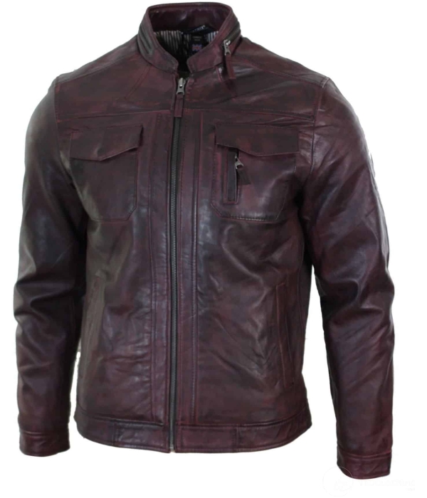 Real Leather Short Zipped Casual Wine Burgundy Retro Mens Biker Jacket Washed Vintage