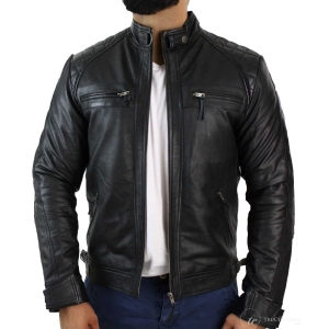 Real Leather Retro Style Zipped Mens Biker Jacket Soft Black Casual-Black