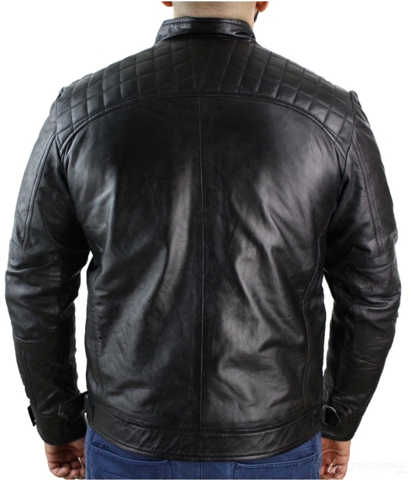 Real Leather Retro Style Zipped Mens Biker Jacket Soft Black Casual-Black