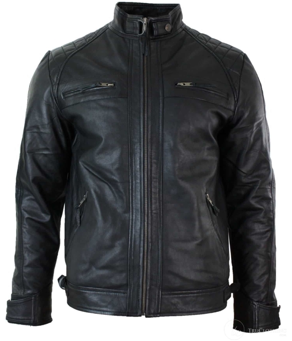 Real Leather Retro Style Zipped Mens Biker Jacket Soft Black Casual-Black