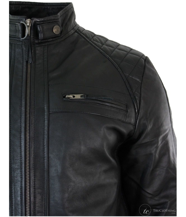 Real Leather Retro Style Zipped Mens Biker Jacket Soft Black Casual-Black