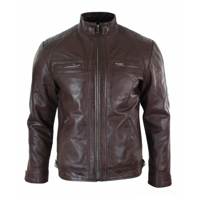 Real Leather Retro Style Zipped Mens Biker Jacket Soft Black Casual-Brown