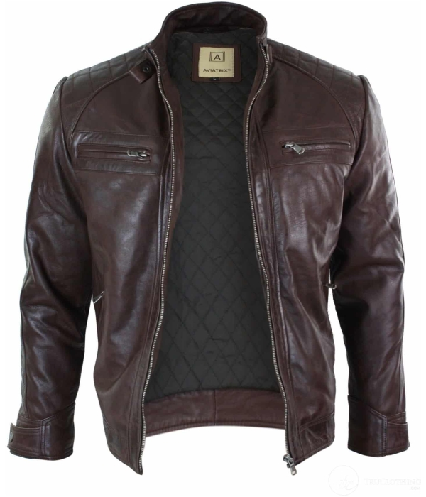 Real Leather Retro Style Zipped Mens Biker Jacket Soft Black Casual-Brown