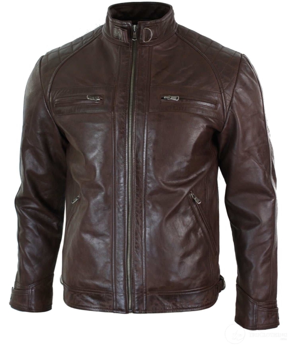 Real Leather Retro Style Zipped Mens Biker Jacket Soft Black Casual-Brown