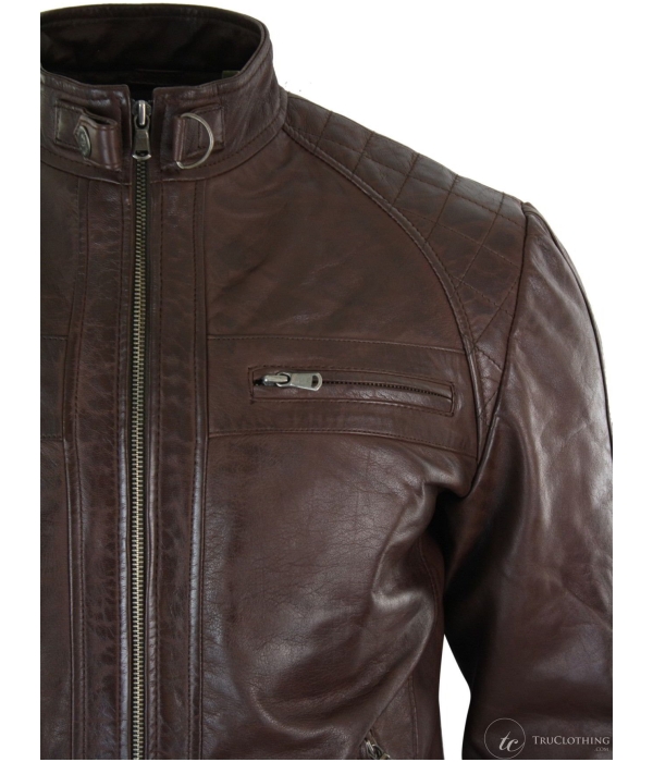 Real Leather Retro Style Zipped Mens Biker Jacket Soft Black Casual-Brown