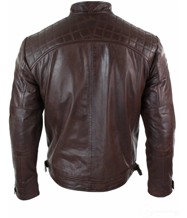 Real Leather Retro Style Zipped Mens Biker Jacket Soft Black Casual-Brown