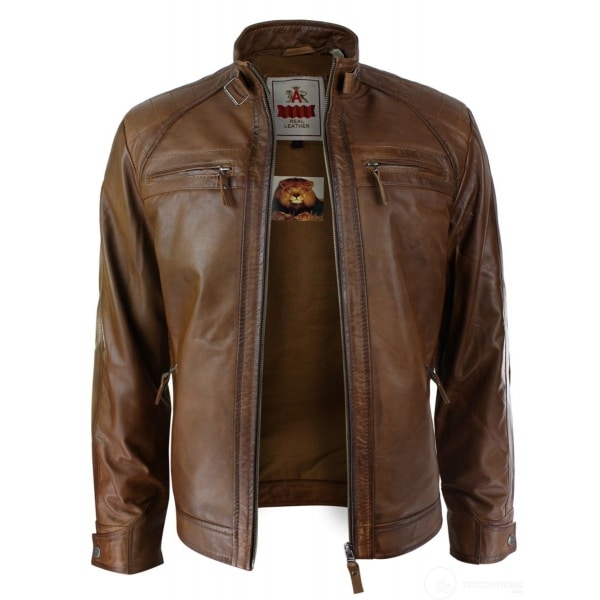 Mens Retro Style Zipped Biker Jacket Real Leather Soft Black Casual-Tan