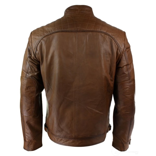 Mens Retro Style Zipped Biker Jacket Real Leather Soft Black Casual-Tan