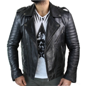 Real Leather Cross Zip Vintage Retro Mens Biker Jacket Black Urban Slim Fit-XXXL-Black