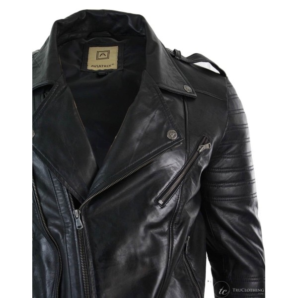 Real Leather Cross Zip Vintage Retro Mens Biker Jacket Black Urban Slim Fit-XXXL-Black