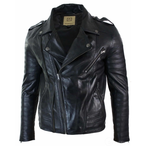 Real Leather Cross Zip Vintage Retro Mens Biker Jacket Black Urban Slim Fit-XXXL-Black