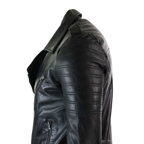 Real Leather Cross Zip Vintage Retro Mens Biker Jacket Black Urban Slim Fit-XXXL-Black