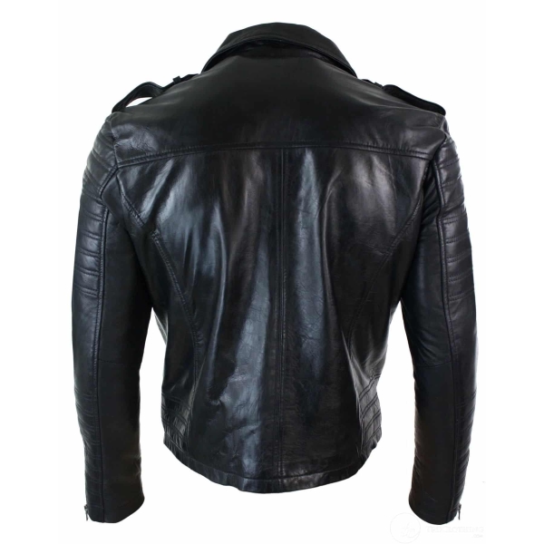 Real Leather Cross Zip Vintage Retro Mens Biker Jacket Black Urban Slim Fit-XXXL-Black