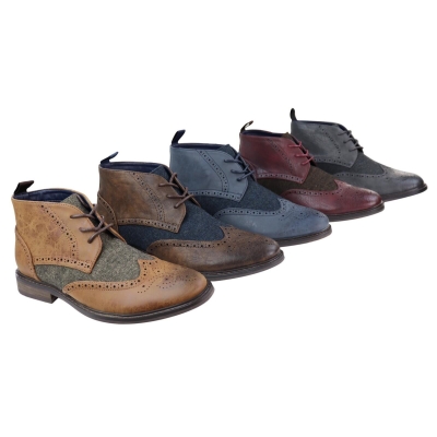 Mens Leather & Tweed Laced Ankle Boots