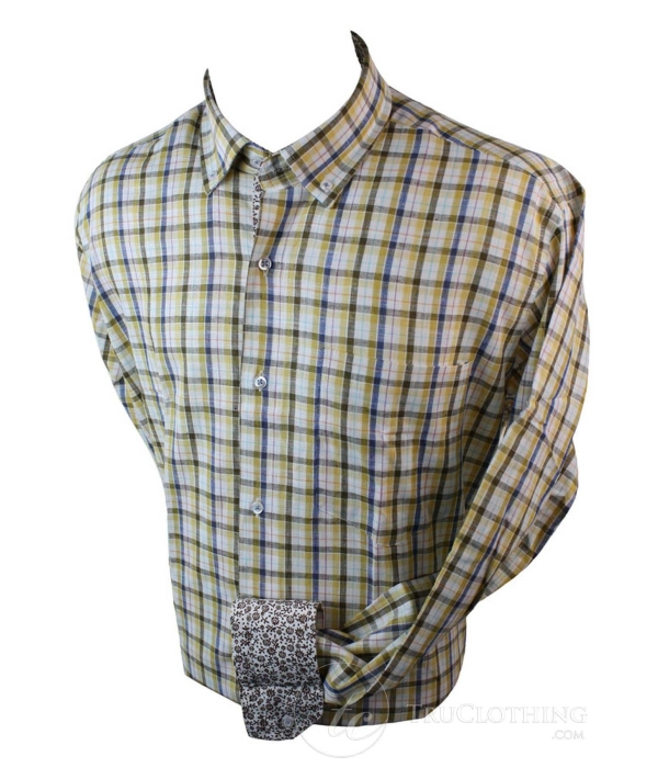 Mens Linen Button Collar Shirt Smart Casual Check Checked Yellow Red Navy White