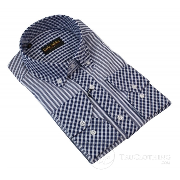 Mens Linen Button Collar Shirt Smart Casual Stripe & Check Trim Blue Burgandy White