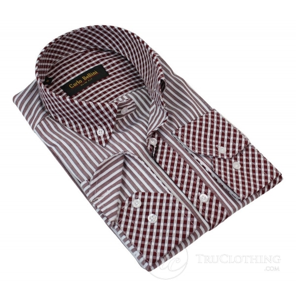 Mens Linen Button Collar Shirt Smart Casual Stripe & Check Trim Blue Burgandy White