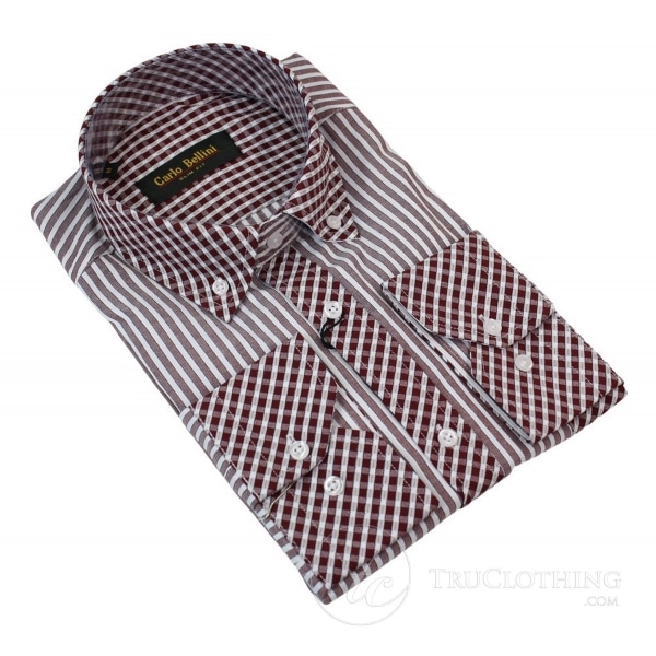 Mens Linen Button Collar Shirt Smart Casual Stripe & Check Trim Blue Burgandy White