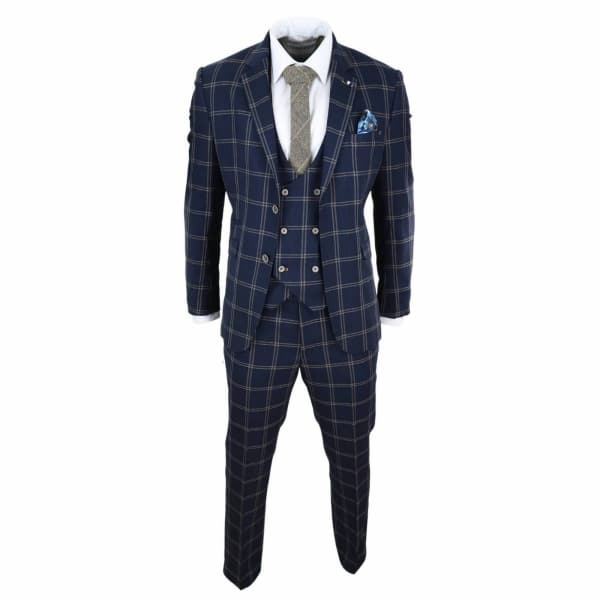 Mens Navy and Tan Check 3 Piece Suit - Cavani Hardy