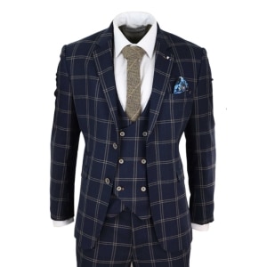 Mens Navy and Tan Check 3 Piece Suit – Cavani Hardy