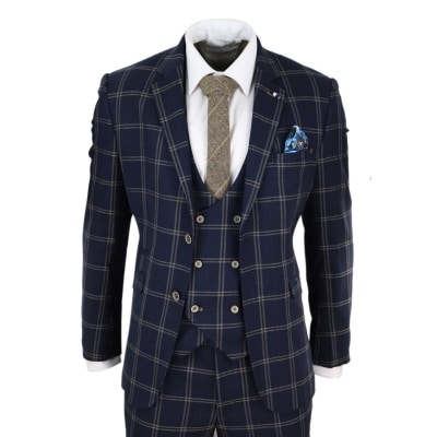 Mens Navy and Tan Check 3 Piece Suit - Cavani Hardy