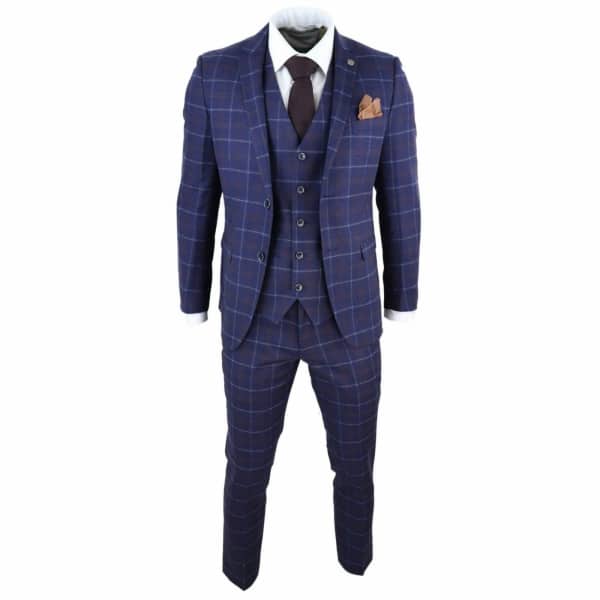 Mens Navy-Blue Check 3 Piece Suit - Paul Andrew Kenneth