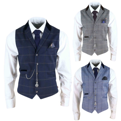 Mens Navy Check Waistcoat with Pocket Watch