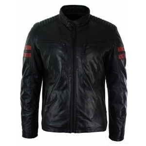 Black Real Leather Mens Bomber Jacket Red Stripes Quilted Slim Fit Casual-Black