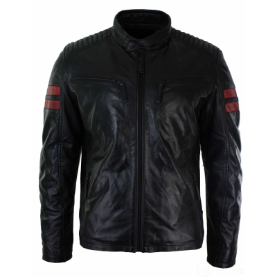 Black Real Leather Mens Bomber Jacket Red Stripes Quilted Slim Fit Casual-Black