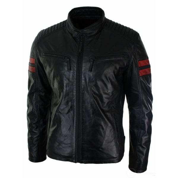 Black Real Leather Mens Bomber Jacket Red Stripes Quilted Slim Fit Casual-Black