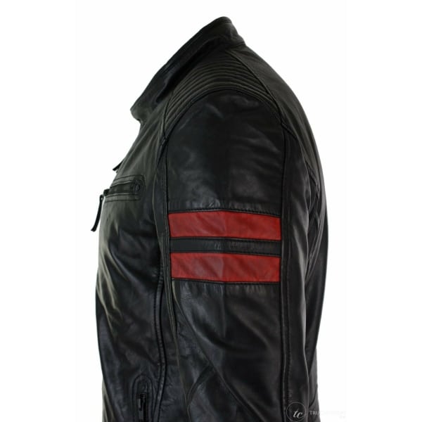 Black Real Leather Mens Bomber Jacket Red Stripes Quilted Slim Fit Casual-Black