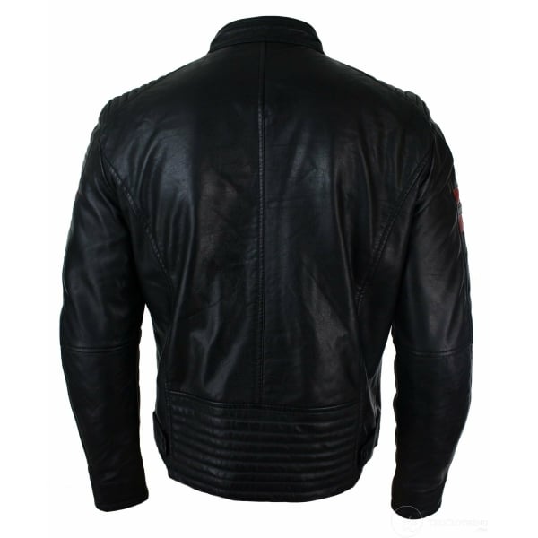 Black Real Leather Mens Bomber Jacket Red Stripes Quilted Slim Fit Casual-Black