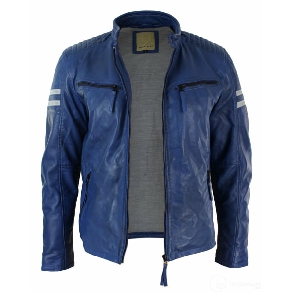 Real Leather Blue Bomber Mens Jacket White Stripes Quilted Slim Fit Casual-Blue