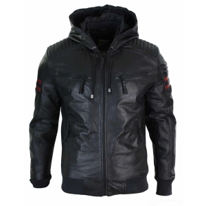 Mens Black Hood Real Leather Bomber Jacket Red Stripes Quilted Slim Fit Casual