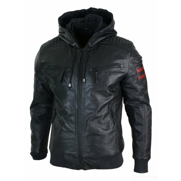 Mens Black Hood Real Leather Bomber Jacket Red Stripes Quilted Slim Fit Casual