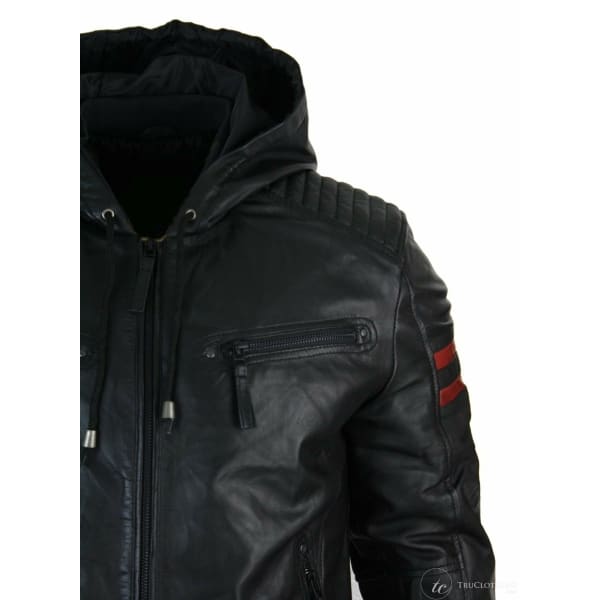 Mens Black Hood Real Leather Bomber Jacket Red Stripes Quilted Slim Fit Casual