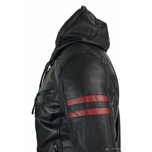 Mens Black Hood Real Leather Bomber Jacket Red Stripes Quilted Slim Fit Casual