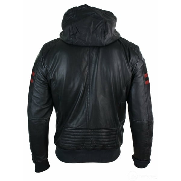 Mens Black Hood Real Leather Bomber Jacket Red Stripes Quilted Slim Fit Casual