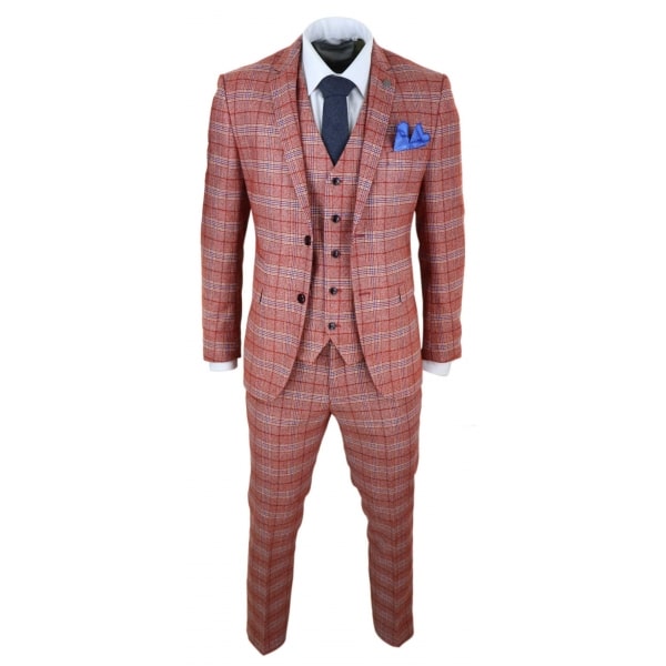 Mens Red 3 Piece Tweed Check Suit