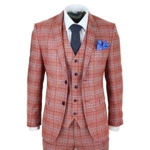 Mens Red 3 Piece Tweed Check Suit