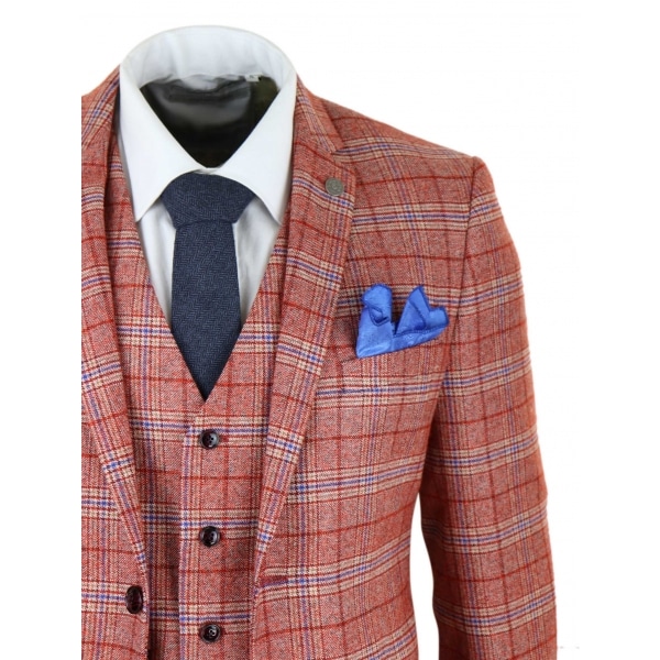 Mens Red 3 Piece Tweed Check Suit