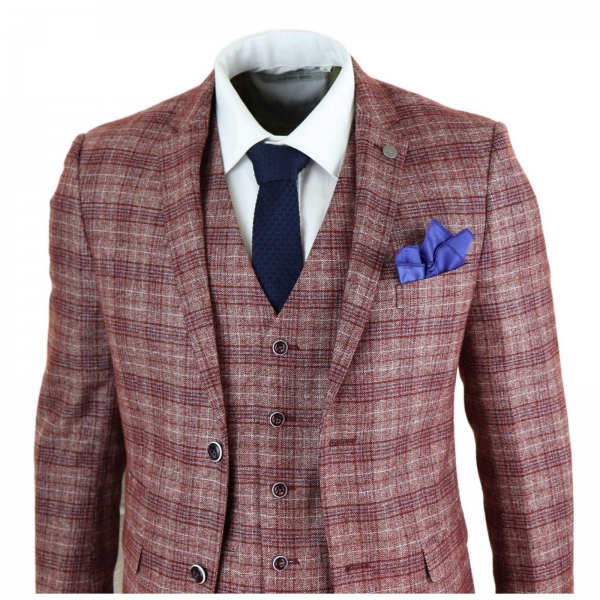 Mens Red Check 3 Piece Suit - Paul Andrew Wellington