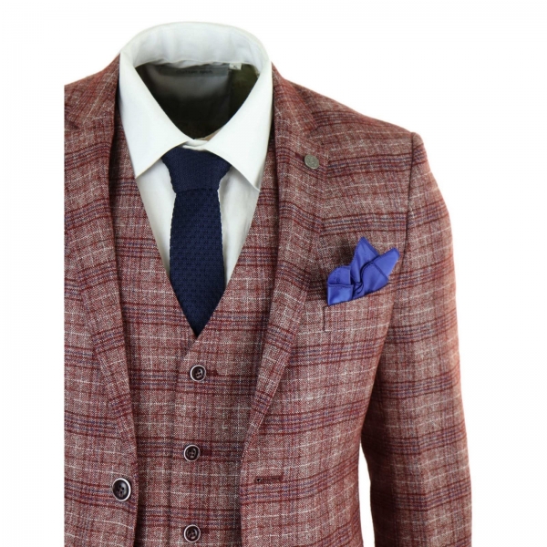 Mens Red Check 3 Piece Suit - Paul Andrew Wellington