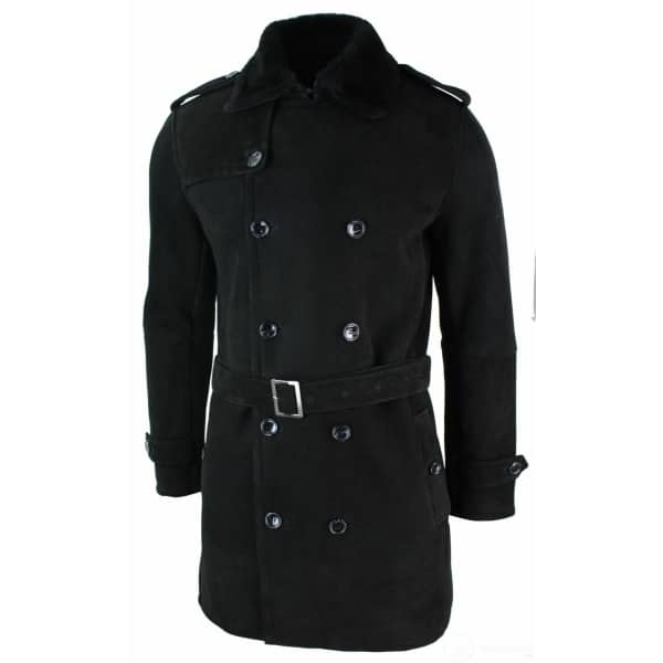 Mens Sherling Sheepskin Black Grey Double Breasted Belted 3/4 Overcoat