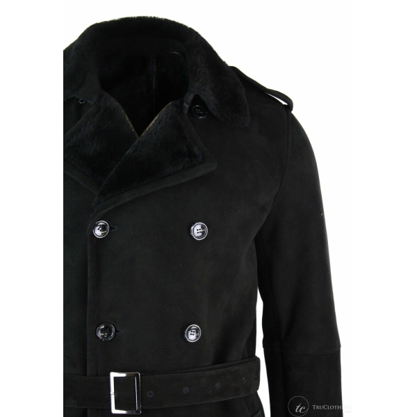 Mens Sherling Sheepskin Black Grey Double Breasted Belted 3/4 Overcoat