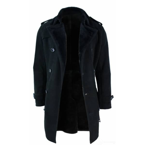 Mens Sherling Sheepskin Black Grey Double Breasted Belted 3/4 Overcoat