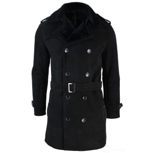 Mens Sherling Sheepskin Black Grey Double Breasted Belted 3/4 Overcoat