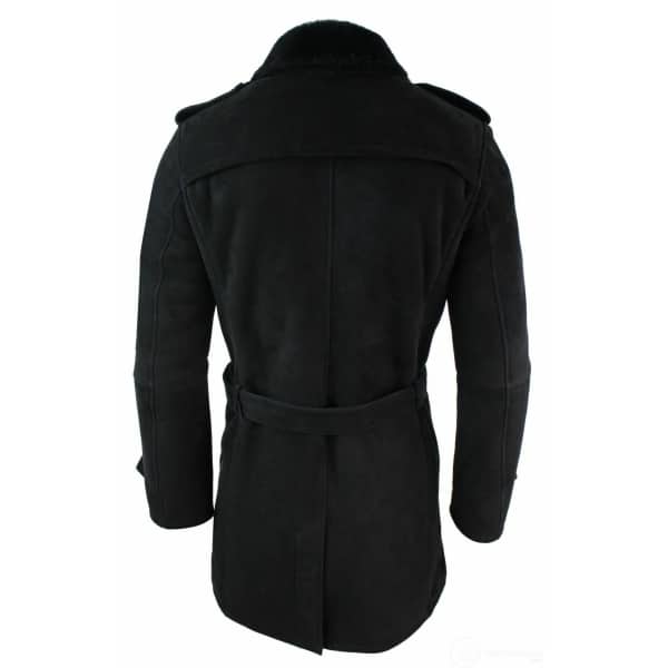 Mens Sherling Sheepskin Black Grey Double Breasted Belted 3/4 Overcoat